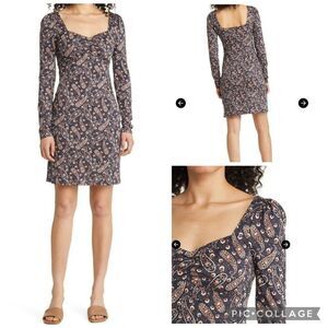 BODEN Paisley Sweetheart Neck Long Sleeve Cotton Blend Dress
